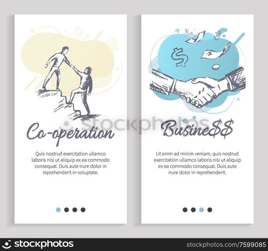 Business and cooperation vector, businessman helping partner, support and development in field, deal handshake of male, dollars and success. Website or slider app, landing page flat style. Cooperation and Business, Monochrome Sketches