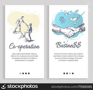Business and cooperation vector, businessman helping partner, support and development in field, deal handshake of male, dollars and success. Website or slider app, landing page flat style. Cooperation and Business, Monochrome Sketches
