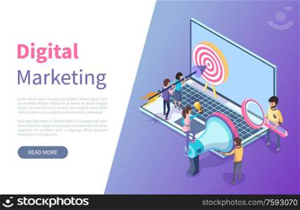 Business and digital marketing online webpage or site template vector. Internet promotion, target and arrow, laptop and loudspeaker, landing page. Digital Marketing Online Web Page or Site Template