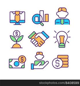 Business and employment pixel perfect RGB color icons set. Human resources engaging. Company profit. Isolated vector illustrations. Simple filled line drawings collection. Editable stroke. Business and employment pixel perfect RGB color icons set