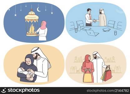 Business and family of arab people. Set of islamic people celebrating ramadan meeting international partners growing baby going shopping vector illustration. Business and family of arab people