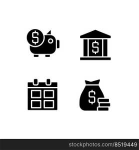 Business and finance black glyph icons set on white space. Regular payments. Corporate expenditures. Investment. Silhouette symbols. Solid pictogram pack. Vector isolated illustration. Business and finance black glyph icons set on white space