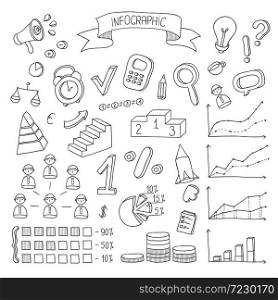 Business and finance hand drawn infographic design elements. Doodle vector set.