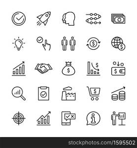 Business and finance management, vector linear icons set. Task idea income marketing time team test money profit and more. Isolated collection of business icons for web and mobile. Editable stroke.