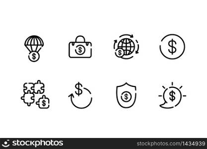 Business and finance outline icon set - money symbols isolated on white background - dollars, piggy bank, financial graph, banknotes, coins and different pictograms for business app, web site. Business and finance outline icon set