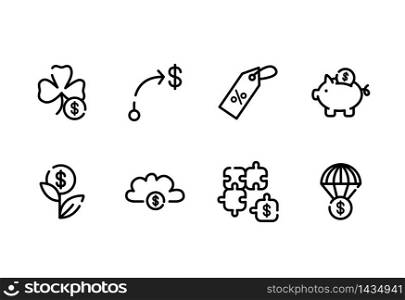 Business and finance outline icon set - money symbols isolated on white background - dollars, piggy bank, financial graph, banknotes, coins and different pictograms for business app, web site. Business and finance outline icon set