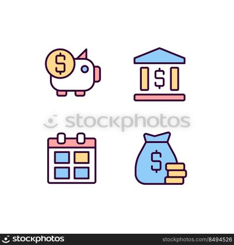 Business and finance pixel perfect RGB color icons set. Regular payments. Corporate expenditures. Investment. Isolated vector illustrations. Simple filled line drawings collection. Editable stroke. Business and finance pixel perfect RGB color icons set