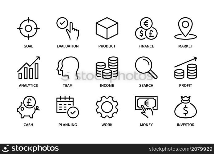 Business and finance set vector linear icons. Business symbol. Goal, evaluation, product, finance, market, analytics and more. Collection of business icon on white background. Editable stroke.. Business and finance set vector linear icons. Collection of business icon on white background. Business vector symbol set. Editable stroke.