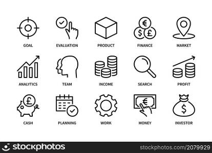 Business and finance set vector linear icons. Business symbol. Goal, evaluation, product, finance, market, analytics and more. Collection of business icon on white background. Editable stroke.. Business and finance set vector linear icons. Collection of business icon on white background. Business vector symbol set. Editable stroke.