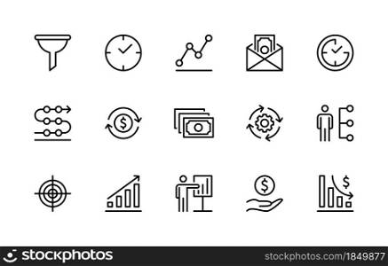 Business and finance vector linear icons. Business management. Profit, marketing, goal, time, risk, money and more. Business icon collection for websites and mobile devices. Editable stroke.. Business and finance vector linear icons. Business management. Business icon collection for websites and mobile devices. Editable stroke.