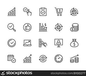 Business and finance vector linear icons. Business management. Challenge, plan, marketing, time, team, money, and more. Collection of business icons for websites and mobile devices. Editable stroke.. Business and finance vector linear icons. Business management. Collection of business icons for mobile devices and websites. Editable stroke.