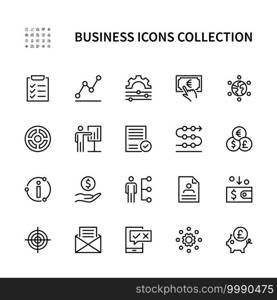 Business and finance vector linear icons. Business management. Marketing information plan goal team money and more. Collection of business icons for websites and mobile devices. Editable stroke.