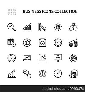 Business and finance vector linear icons. Business management. Task plan marketing team money and more. Collection of business and finances icons for websites and mobile devices. Editable stroke.