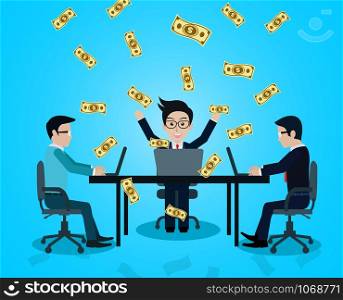 Business and financia success concept happy businessman. lot of money has come down. manager in worker in office sit at the desk with notebook. on blue background. vector illustration