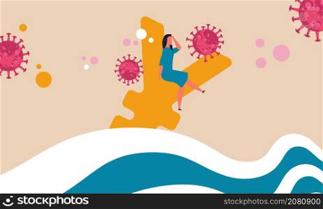 Business and financial crisis in Japan. Woman floating on yen sign in the ocean vector illustration concept. The risk of bankruptcy and recession of money in the market. People and unemployment.