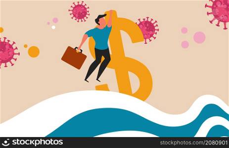 Business and financial crisis in Usa. Man floating on dollar sign in the ocean vector illustration concept. The risk of bankruptcy and recession of money in the market. People and unemployment.