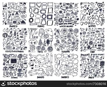 Business and frames, winter holidays, heart and trees, fruits and vegetables, food and school, banners and bubbles, party icons vector llustration. Business and Frames, Holidays Vector Illustration