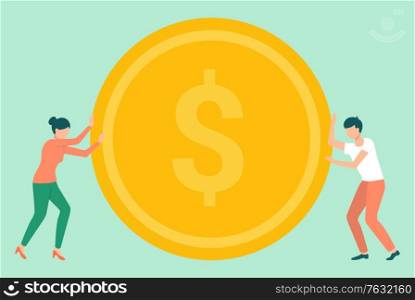 Business and gold coin, investment growth concept. Money and profit increase, man and woman, office workers, finance and banking or economy. Vector illustration in flat cartoon style. Investment Growth Concept, Business and Gold Coin