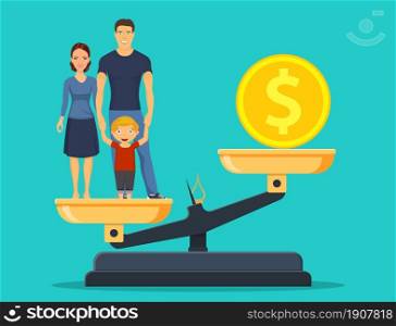 business and happy family with kids on scales concept. Solution between work, money and family. Work and life balance business. Family and career business. Vector illustration in flat style. Family and business on scales concept.