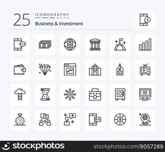 Business And Investment 25 Line icon pack including analytic. user. internet. flag. cash