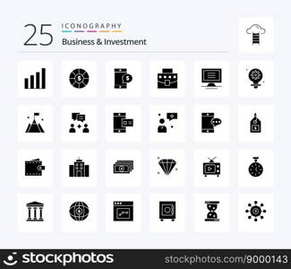 Business And Investment 25 Solid Glyph icon pack including hardware. monitor. cell. office. bag