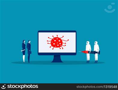 business and man in hazmat suit learn on laptop computer about coronavirus vector illustrator