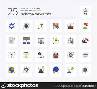 Business And Management 25 Flat Color icon pack including idea. box. filter. gear. package