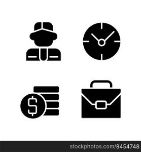 Business and management black glyph icons set on white space. Workflow optimization. Professional team hiring. Silhouette symbols. Solid pictogram pack. Vector isolated illustration. Business and management black glyph icons set on white space