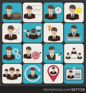 Business and management icons set with businessmen avatars isolated vector illustration