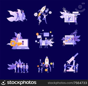 Business and Management Icons with people. Office concept, management and administration. Character planing, web desidn, financial consultant research, start up and solution, vector illustration.. Business and Management Icons blue series