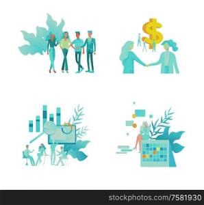 Business and Management Icons with people. Office concept, management and administration. Character planing, web desidn, financial consultant research, start up and solution, vector illustration.. Business and Management Icons blue series