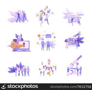 Business and Management Icons with people. Office concept, management and administration. Character planing, web desidn, financial consultant research, start up and solution, vector illustration.. Business and Management Icons blue series