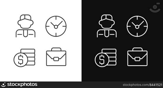 Business and management pixel perfect linear icons set for dark, light mode. Workflow optimization. Professional hiring. Thin line symbols for night, day theme. Isolated illustrations. Editable stroke. Business and management pixel perfect linear icons set for dark, light mode