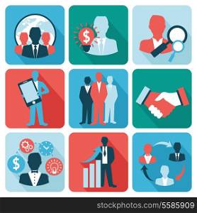 Business and managements flat icons set of effective strategy teamwork isolated vector illustration