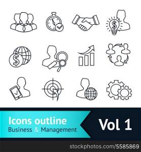 Business and managements outline icons set of handshake goal deal and idea isolated vector illustration