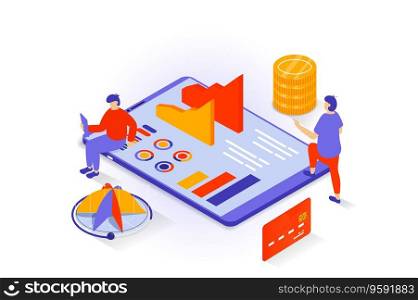 Business and marketing concept in 3d isometric design. People researching data at charts dashboard, accounting, creating strategy and advert. Vector illustration with isometry scene for web graphic