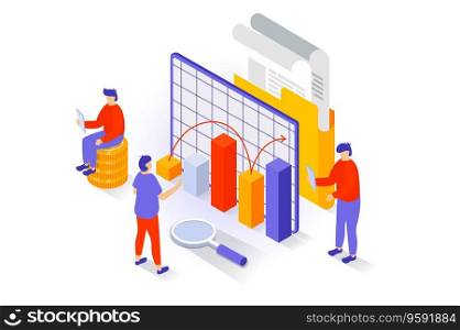 Business and marketing concept in 3d isometric design. People researching finance data at charts, accounting and planning processes for company. Vector illustration with isometry scene for web graphic