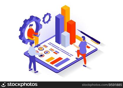 Business and marketing concept in 3d isometric design. People analyzing data on dashboard, developing company, finding solutions for promotion. Vector illustration with isometry scene for web graphic