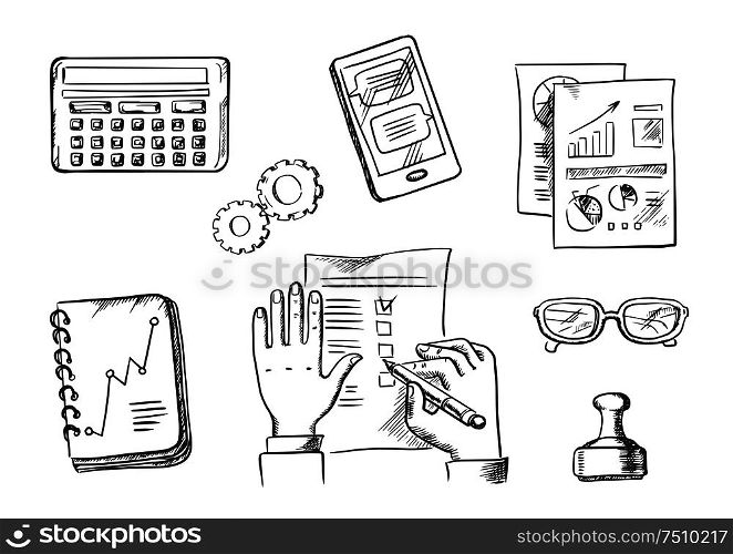 Business and office sketch icons with businessman completing a check list surrounded by analytical charts, calendar, hand stamp, eyeglasses, notebook, calculator and tablet. Business and office sketch icons
