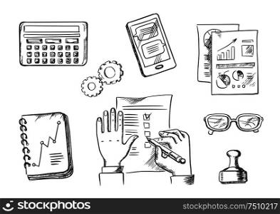 Business and office sketch icons with businessman completing a check list surrounded by analytical charts, calendar, hand stamp, eyeglasses, notebook, calculator and tablet. Business and office sketch icons