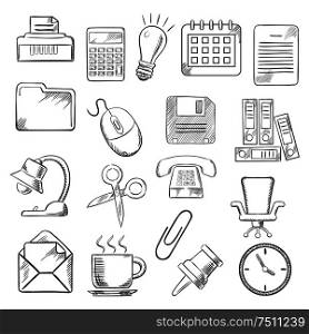 Business and office sketch icons with light bulb, phone, calendar calculator and mouse, mail and folders, documents and clock, coffee and chair, shredder and scissors, lamp and pin. Vector sketch. Business and office sketch icons