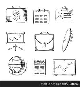 Business and office sketched icons with money, calendar, briefcase, reports, computer, pen, globe, financial news and analytical graphs. Sketch style objects. Office and business icons set, sketch style