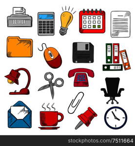 Business and office supplies icons with light bulb and phone, calendar and calculator, mouse and e-mail, folders documents and clock, coffee cup and chair, shredder and scissors, pin and clip. Business and office supplies icons