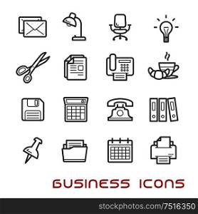 Business and office thin line icons with light bulb and phone, calendar and calculator, mail and folders, documents and chair, shredder and scissors, lamp and pin, clip and printer, letter and coffee. Business and office thin line icons