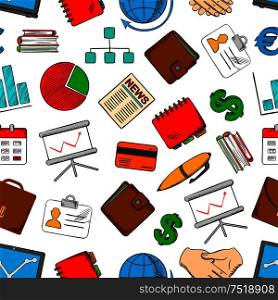 Business and office work symbols seamless background. Wallpaper with vector icons of businessman accessories globe, chart, dollar, pen, handshake, notebook, identification badge, diagrams, suitcase. Business and work seamless background