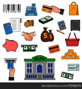 Business and retail symbols with credit cards, money bills and coins, money bags and bank, basket and paper bag, calculator and piggy bank, gold bars and safe, handshake, barcode and cash register. Banking, money and retail icons