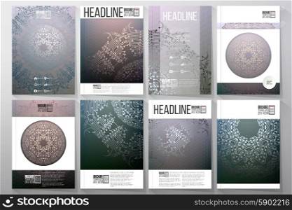 Business and scientific vector templates with abstract microchip background for brochures, flyers or reports.