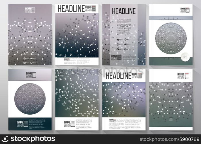 Business and scientific vector templates with molecular structure background for brochures, flyers or reports.