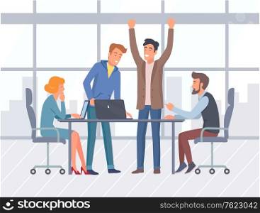 Business and teamwork, office interior and workers vector. Meeting or conference, laptop on desk and panoramic window, downtown or city center, businessman. Office room with big window. Teamwork, Office Interior and Workers, Business