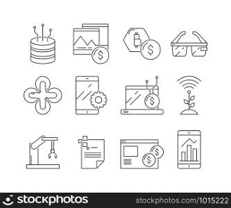 Business and technology icons. Software program sync internet network construction thin line symbols isolated. Futuristic technology, cryptocurrency and automation robotic. Vector illustration. Business and technology icons. Software program sync internet network construction thin line symbols isolated